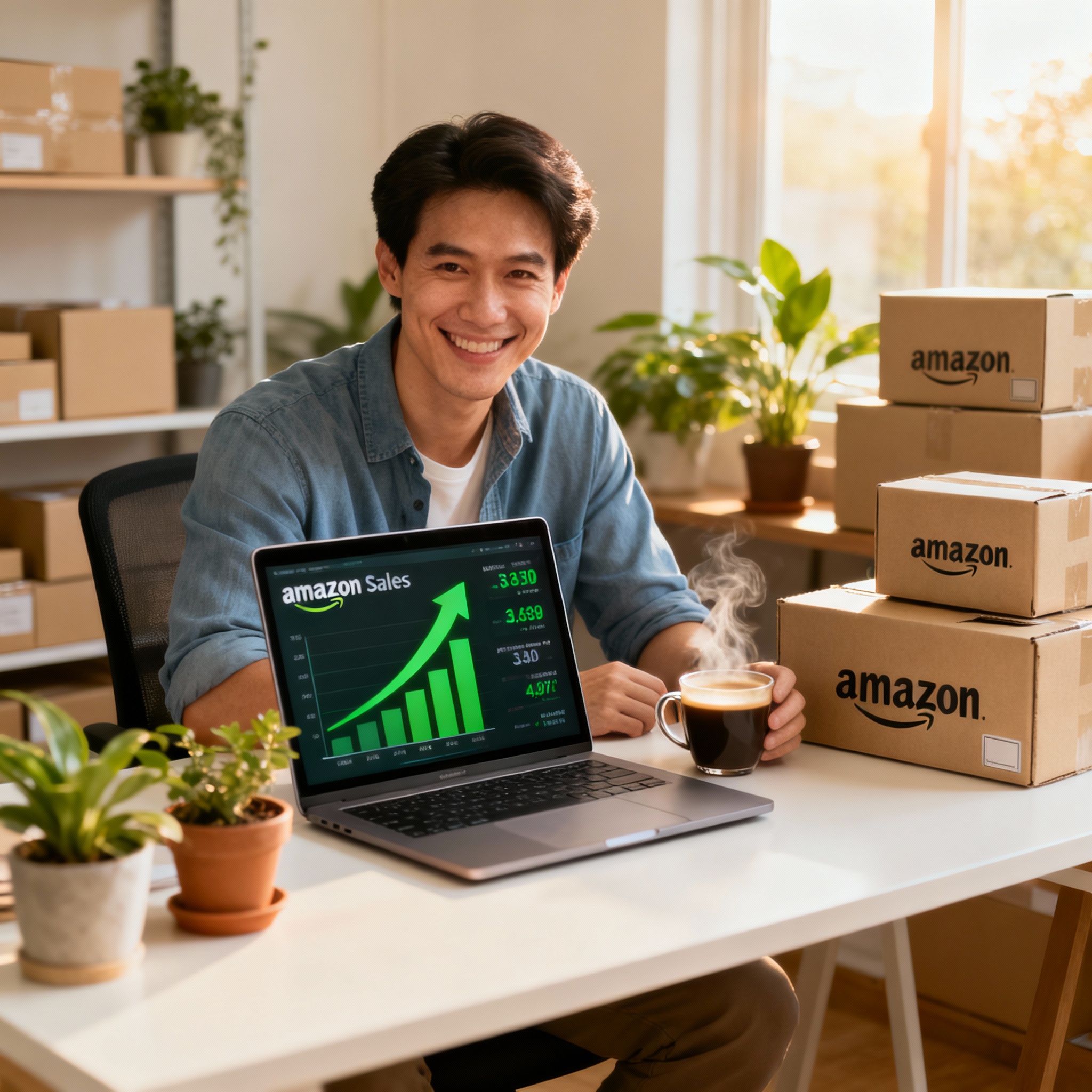 Gerente dueño empresa contento por tener un parner de amazon